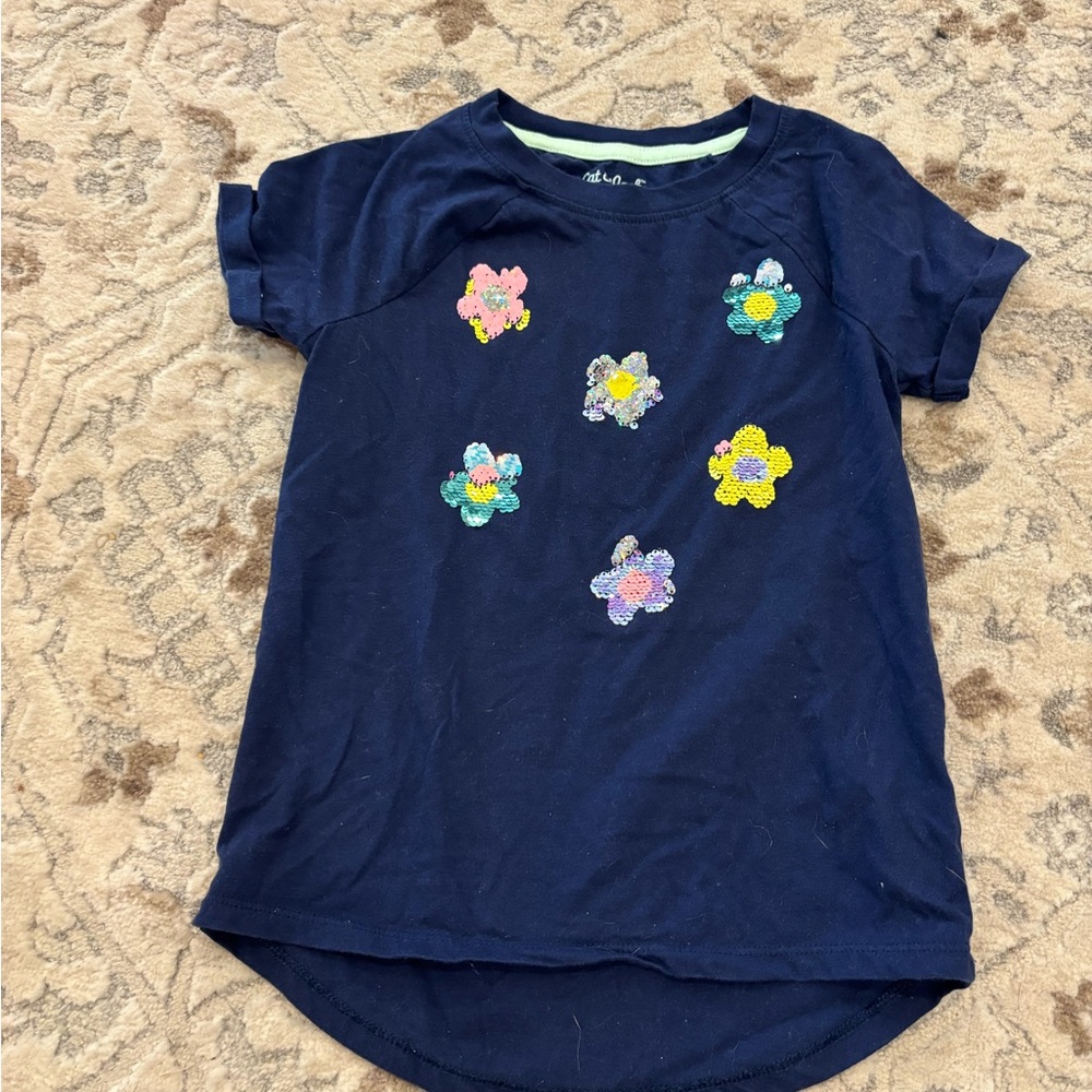 Navy Blue Kids Shirt with Floral Embroidery